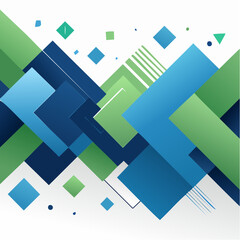 Abstract geometric shapes overlap, creating vibrant blue, green gradients. Dark background emphasizes design elements. Modern, dynamic composition.