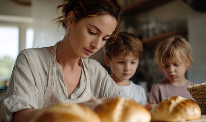 family sitting around the table and mom is baking fresh bread. feeling of aroma and security.