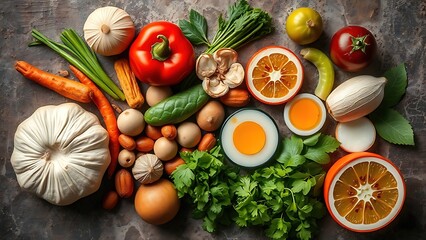 Assorted fresh Asian ingredients arranged on stone surface, top-down view.