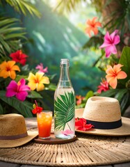 Tropical drink scene with hibiscus flowers, hats, and a clear bottle