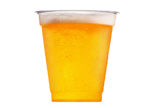 A plastic cup of beer is sitting on a white background - Powered by Adobe