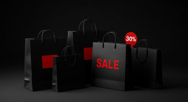 Black shopping bags with sale tag for black friday promotion event