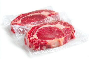 Vacuum-sealed ribeye steaks in clear packaging on white background