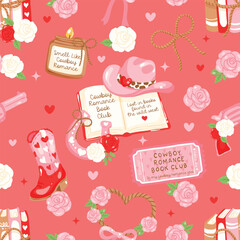 Cowboy Romance Seamless Pattern, Bookish Western Valentine Print, Cute Pink Roses and Boots, Girly Cowboy Digital Paper