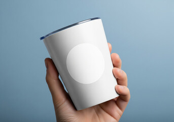Blank White Tumbler Held by Hand, Mockup Design, Coffee Cup, Drinkware, Stainless Steel Travel Mug, Branding
