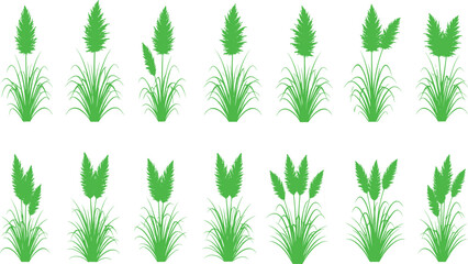 Green plant silhouettes, botanical icons, foliage shapes, leaf stalk variations, nature graphics, garden elements, vector illustration, minimal design, eco decor, flora set