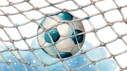 A watercolor illustration of a soccer ball caught in a net, emphasizing the dynamic motion and texture of the scene.