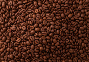 Roasted Coffee Beans Textured Background, Full Frame, Gourmet Coffee, Caffeine, CloseUp, Brown Tones.