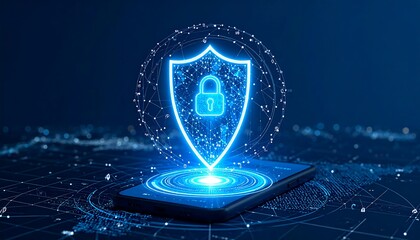 Futuristic phone with glowing shield and lock