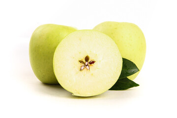 Fresh Green Apples Ruixue Variety from Shaanxi with Half Slice on White Background