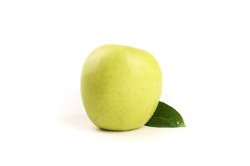 Fresh Green Apple Shaanxi Ruixue Variety with Leaf on White Background