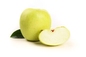 Fresh Green Apple with Slice and Leaf on White Background - Healthy Fruit Photography