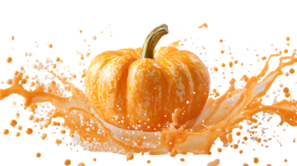 Pumpkin with orange liquid splash isolated on transparent background.