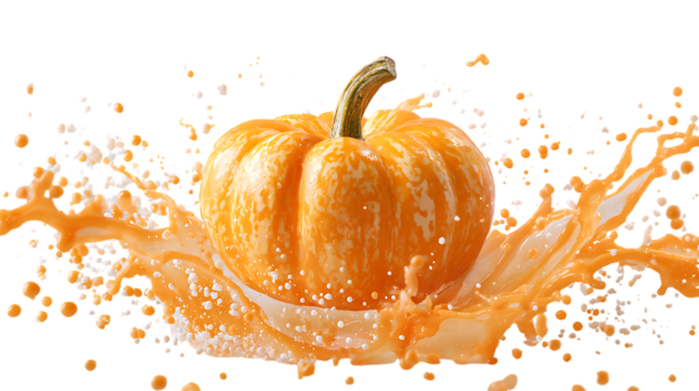 Pumpkin with orange liquid splash isolated on transparent background.