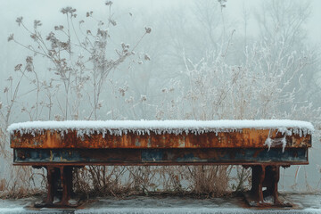 Obraz premium Rusted bench covered in snow.