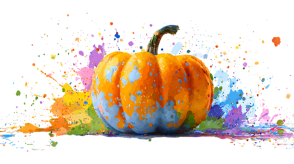 Pumpkin with colorful paint splash isolated on transparent background.