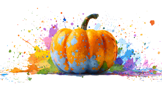 Pumpkin with colorful paint splash isolated on transparent background.