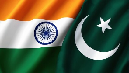 Flags of India and Pakistan in closeup, with Indian flag waving energetically against a dark background.