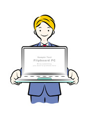 パソコンをフリップボードにして持つビジネスマン｜ビジネスシーン