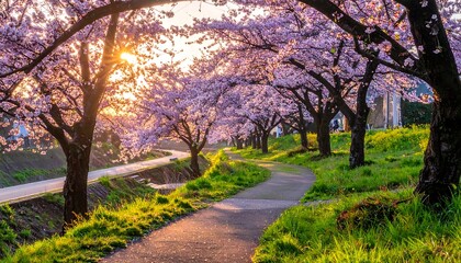 Fototapeta premium A sun-dappled path winds under blossoming trees in soft light. Pink flowers arch over a walkway next to a river