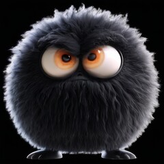 Fototapeta premium Black Fluffy Cartoon Character with Orange Eyes in 3D Rendering on Black Background Adorable and Eyecatching Design