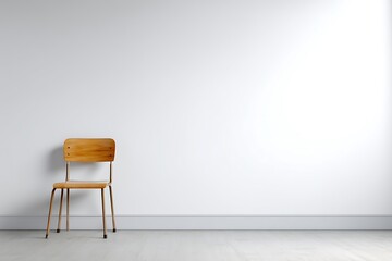 Minimal classroom interior with single chair placed against white wall at bottom, wide blank space above ideal for education posters, inspirational quotes or banner design
