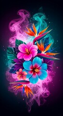 Obraz premium Vibrant tropical flowers bloom amidst swirling, colorful smoke in a dynamic and artistic composition.