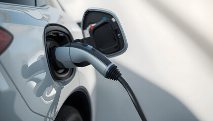 Naklejka premium A clean, close-up shot of an electric car being charged, emphasizing the minimalist design of the charger against a light gray background.