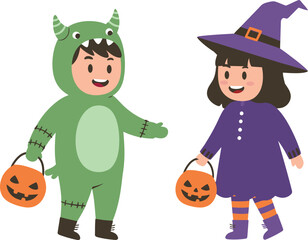 Two Children in Halloween Costumes with Pumpkin Buckets Smiling and Ready.