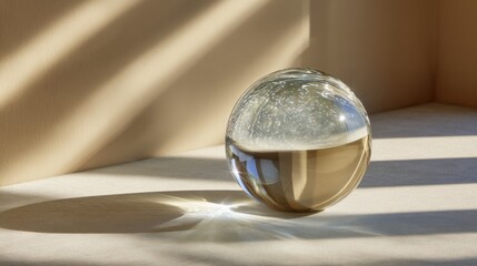 Glass sphere with light reflections and soft shadows creating a serene atmosphere in a minimalist space
