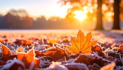 Golden leaf on frosted ground at sunrise