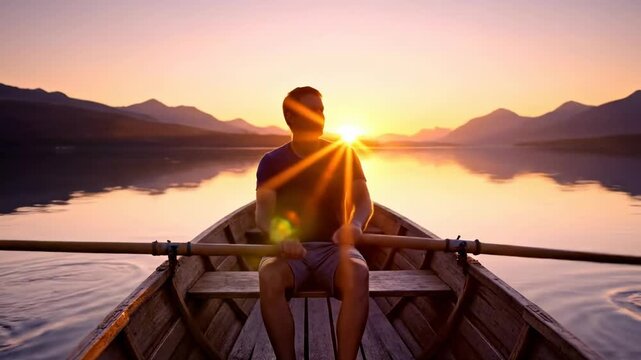 Man in the boat on a serene lake at sunset with snowy peaks, jugged mountains and beautiful nature scenery in the background