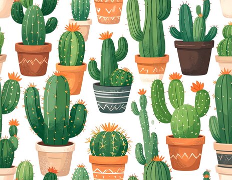 Cute cactus plants in pots, seamless pattern