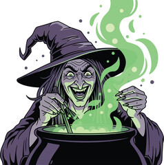 Grinning Witch Brewing Green Potion in Cauldron.