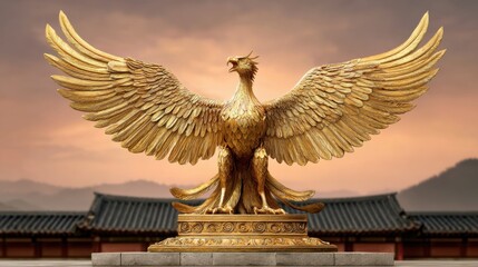 Majestic Golden Eagle Sculpture with Outspread Wings at Sunset in Traditional Asian Architecture Setting