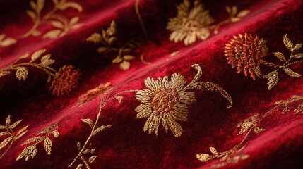 Red Velvet Fabric with Gold Floral Embroidery