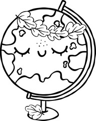Cute Autumn Back to School Outline, Cartoon Earth Globe with Autumn Leaves