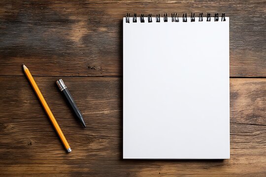 Simple white desk with pencil and notebook positioned at bottom left, top area left blank for creative educational promotions, school campaigns, student learning and academic advertising design.