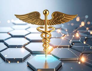 Golden medical symbol on a hexagonal grid