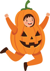 Happy Child in a Pumpkin Costume Jumping for Joy.
