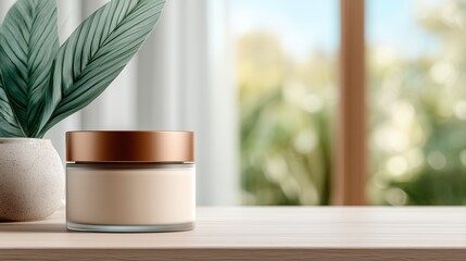 aesthetic product photo – Elegant Cosmetic Cream Jar on Wooden Table with Greenery Background with minimalist background, aesthetic lighting, premium branding concept, top-down angle, designed for com