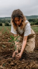 Young woman planting a tree in modern eco city park under natural daylight symbolizing sustainable lifestyle and green future.
