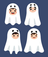Four Adorable Children Dressed as Ghosts for Halloween with Playful Expressions.