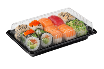 A tray of sushi with a variety of colors and flavors