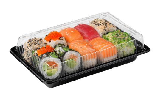 A tray of sushi with a variety of colors and flavors - Powered by Adobe