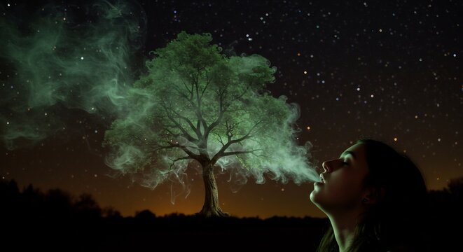 Woman exhales vibrant green smoke forming ethereal tree against starry night sky. AI Generated - Powered by Adobe