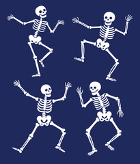Four Dancing Skeletons on Dark Blue Background.
