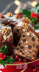 Delicious Christmas Fruitcake with Nuts and Raisins.