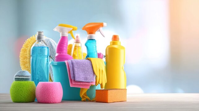 A colorful assortment of cleaning supplies on a wooden table.