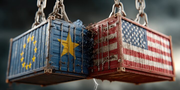 Two shipping containers, representing the EU and US, with a cracked surface, implying trade conflict